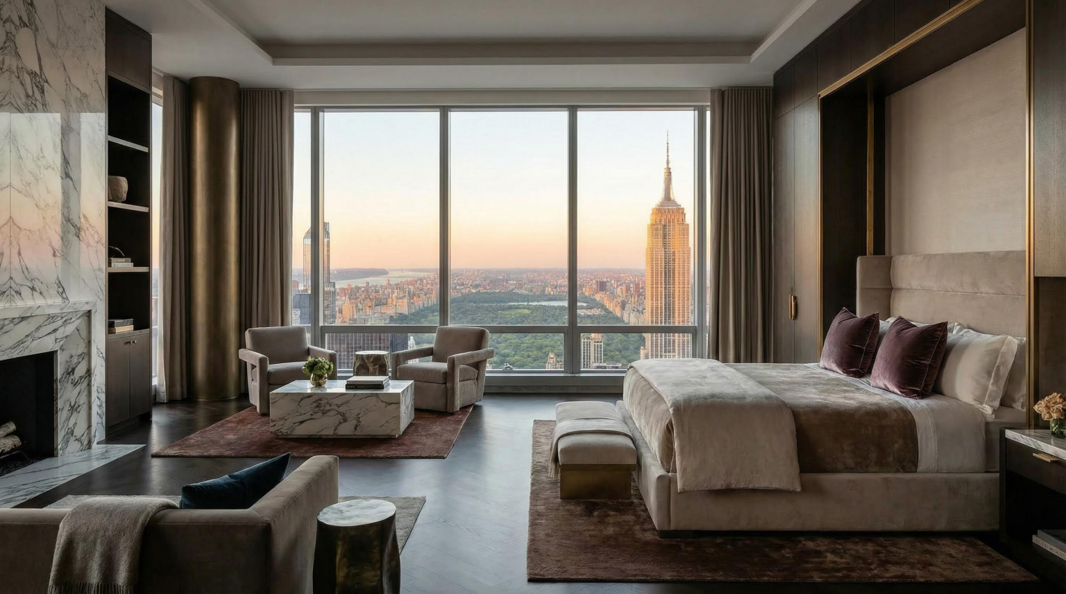 Luxury Manhattan bedroom with floor-to-ceiling windows overlooking Central Park and Empire State Building
