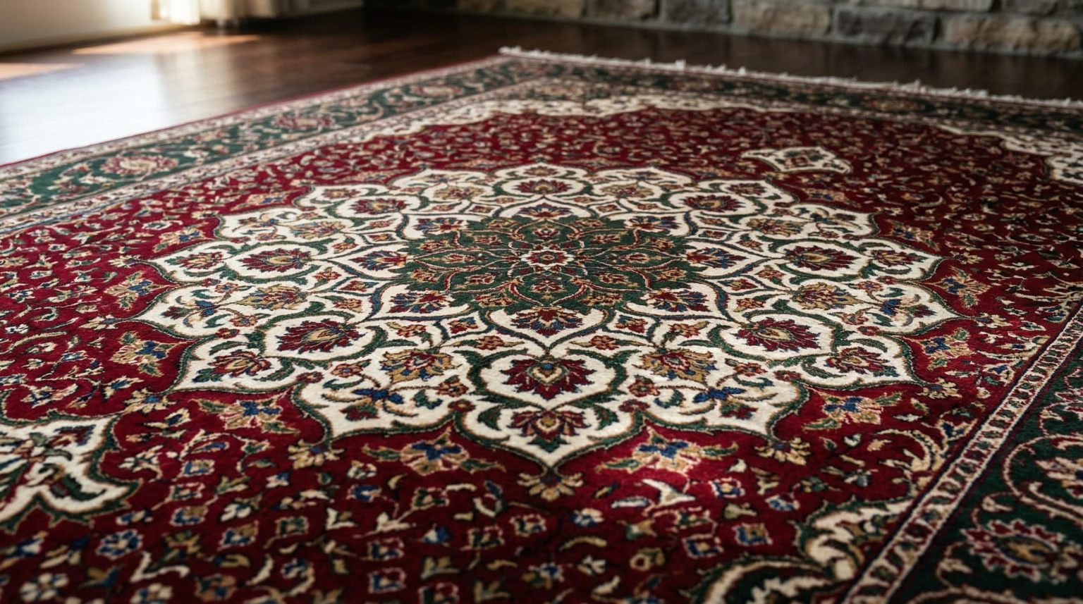 Detailed view of a fine hand-knotted Indian wool rug in the Mughal tradition, showing an intricate floral medallion pattern in deep crimson, ivory and forest green, with the pile's directional sheen visible in raking light