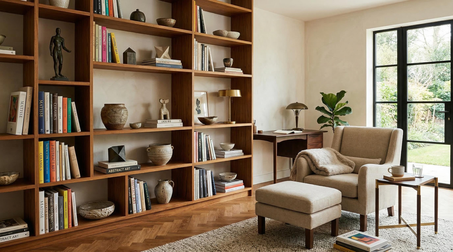 Floor-to-ceiling teak wood bookcase with open shelving displaying art books, sculptural objects and ceramics in a refined contemporary study with herringbone oak floor and linen armchair