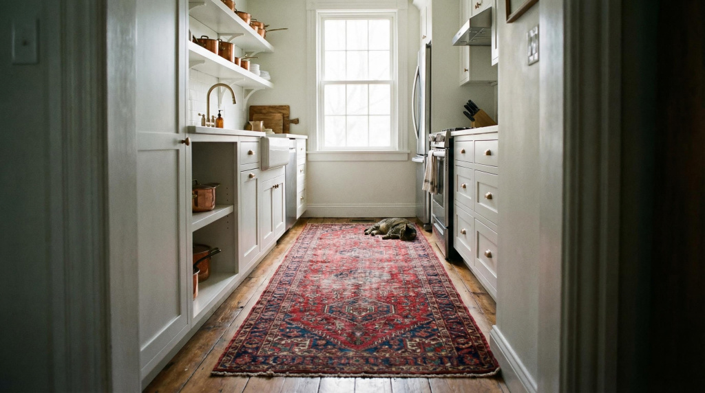 Runner rug placed along galley kitchen floor