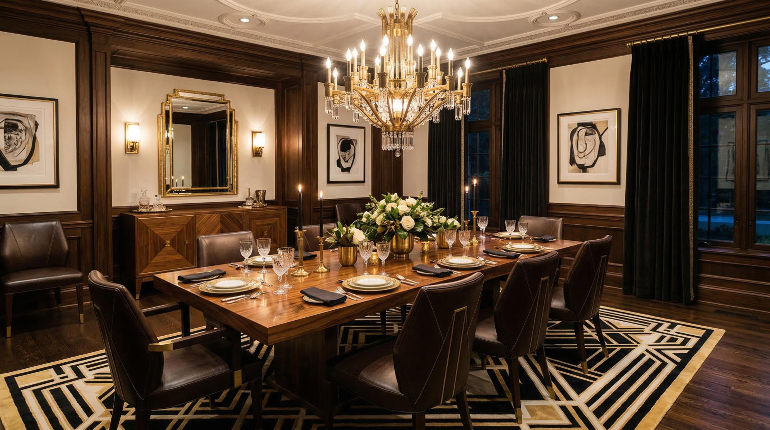 Formal luxury dining room with geometric Art Deco rug in black ivory and gold tones beneath a long book-matched walnut dining table, with leather dining chairs and a dramatic brass chandelier overhead