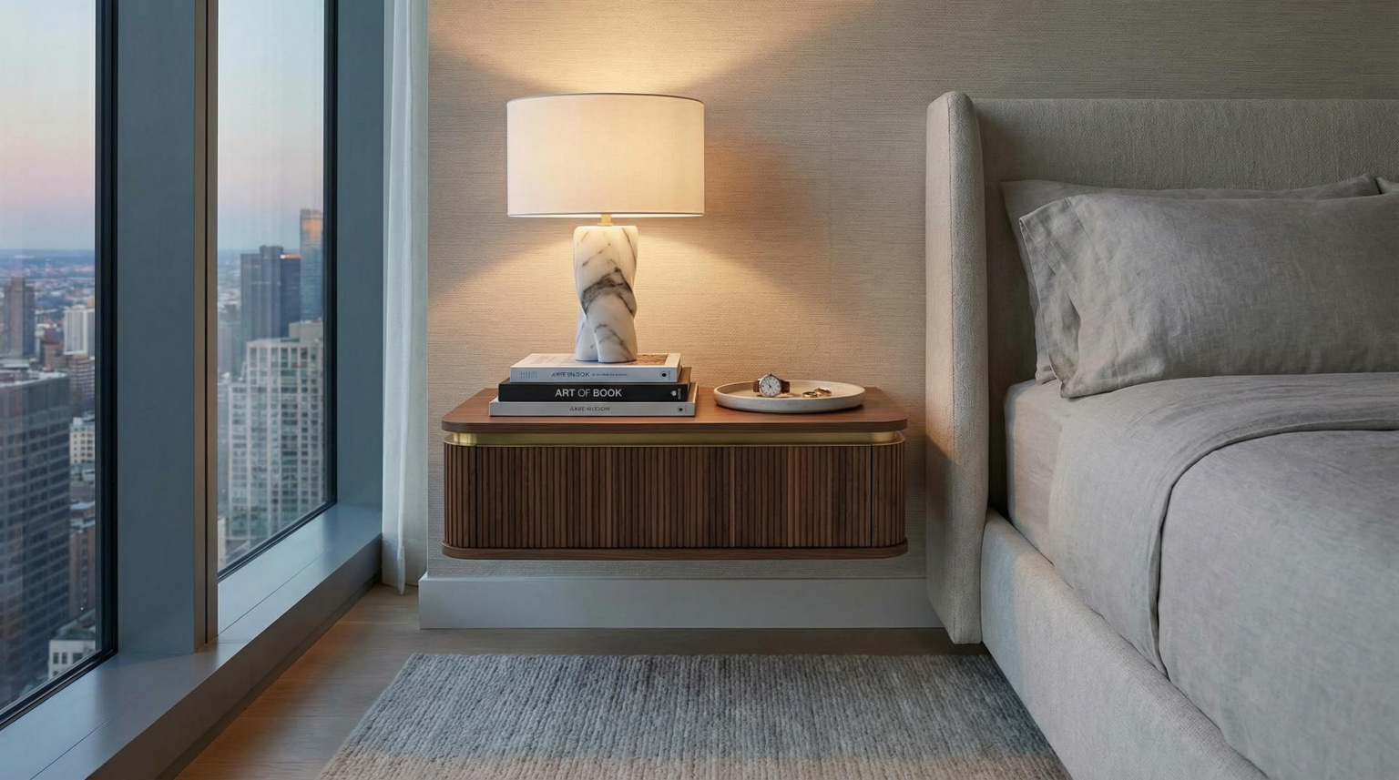 Modern bedroom with sleek wooden bedside table and minimalist lamp