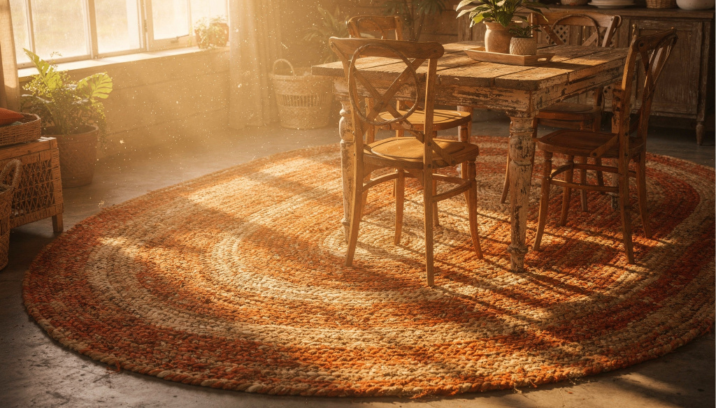 Large oval braided rug grounding a dining area with warmth and texture