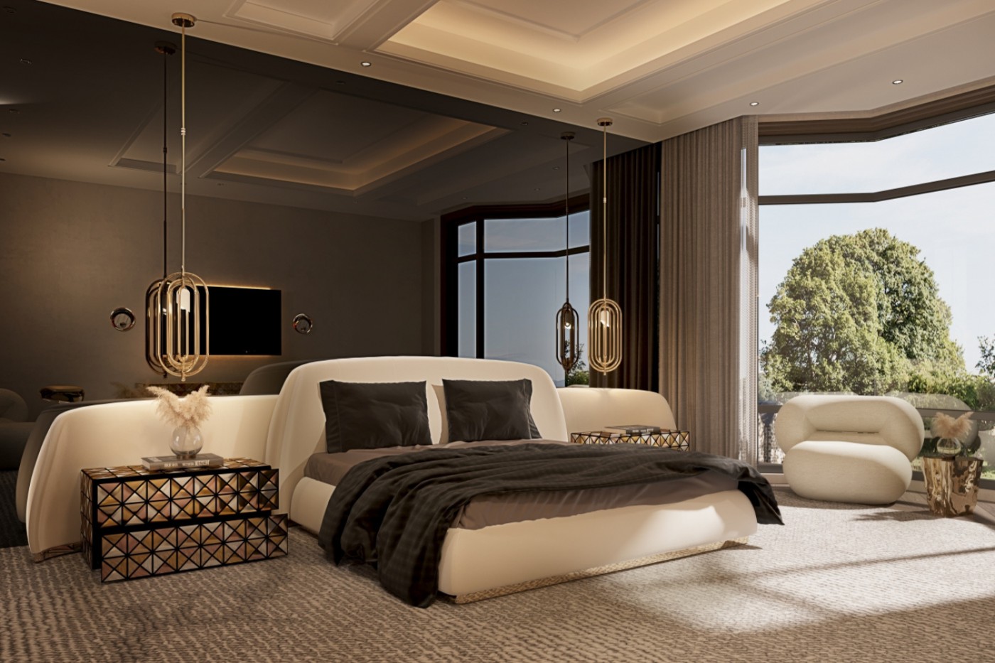 Contemporary bedroom with marble and wood bedside table beside upholstered bed