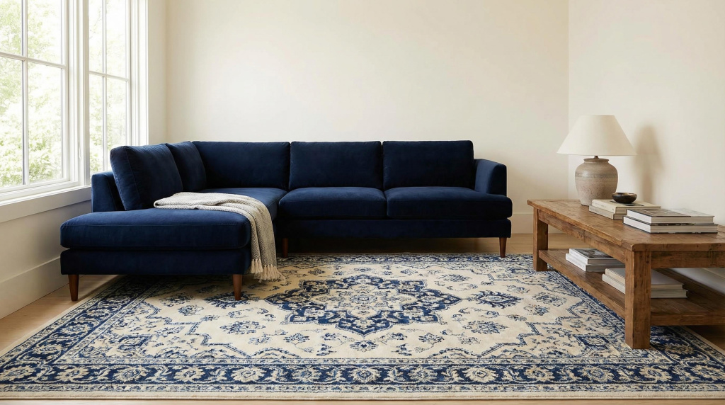 Navy sofa with cream and navy patterned rug