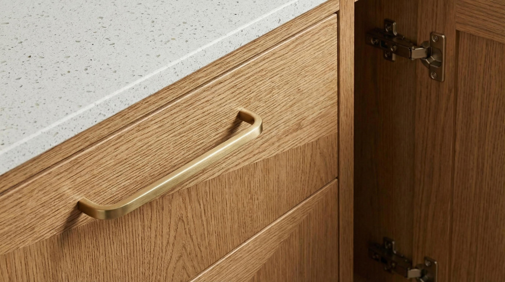 Close-up of kitchen cabinet materials and hardware