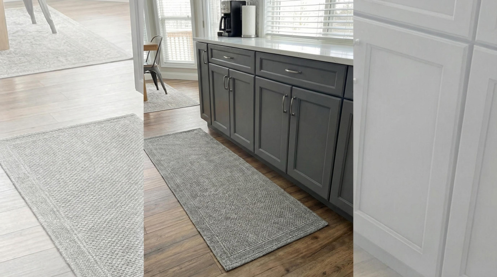 Grey runner rug in front of kitchen cabinets