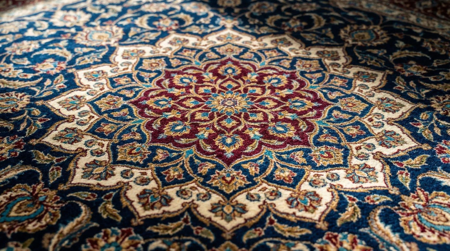 Close-up of a large hand-knotted luxury rug in silk and wool blend, showing intricate floral medallion pattern with deep jewel tones of sapphire, burgundy and gold, with the pile catching directional light to reveal its depth and lustre