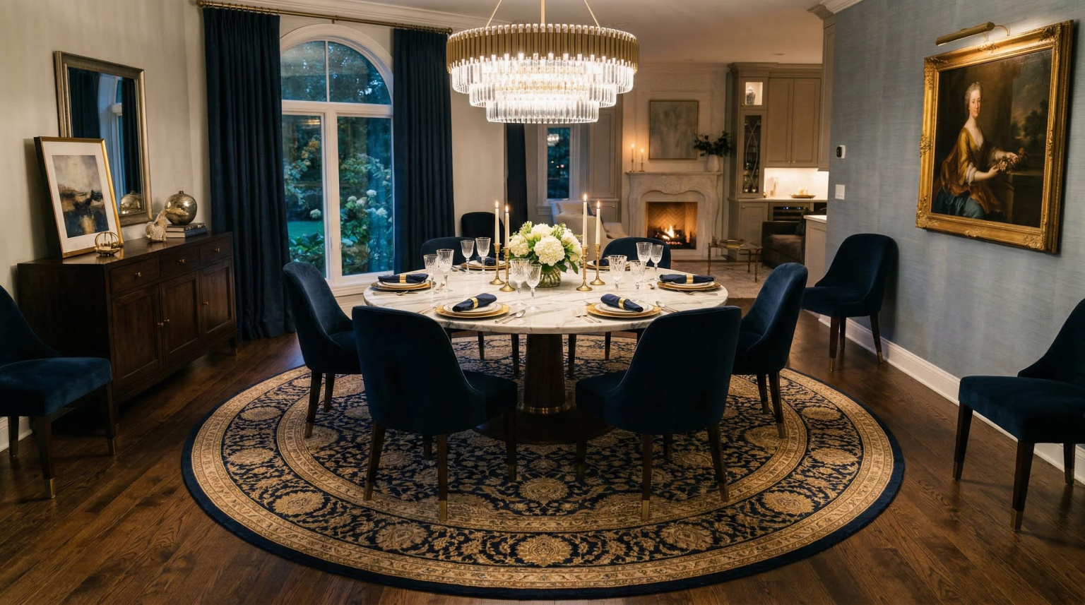 Elegant dining room with a large circular hand-knotted rug in deep navy and antique gold beneath a round marble dining table, surrounded by upholstered dining chairs, with soft pendant lighting above creating a warm focused atmosphere
