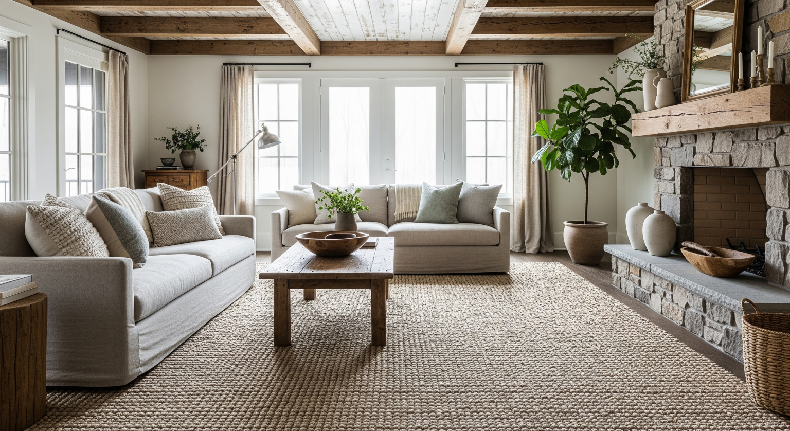 Neutral woven rug anchoring a modern farmhouse living room with wood beams and linen sofa