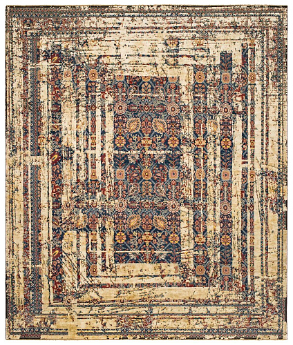 Tabriz Canal Frame Navyblue Dirtywhite Silk Rug