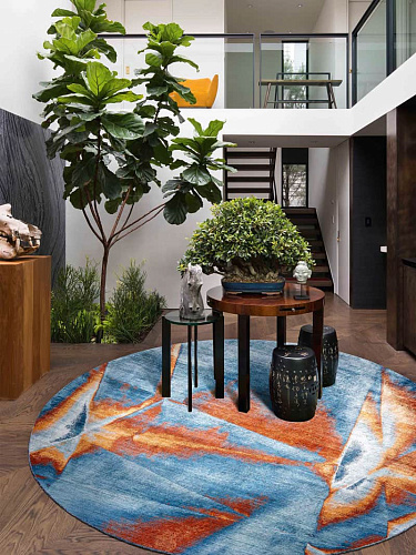 Round Cyan Hand-Knotted Rug