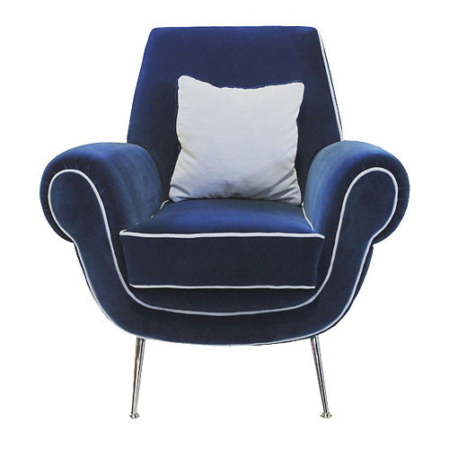 Deep Blue Velvet Armchair with Metal Base