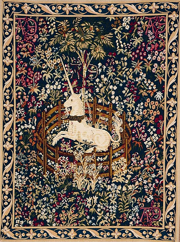 Captive Blue Unicorn with Border Tapestry