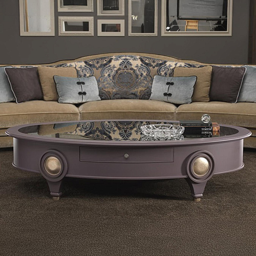 Low Oval Coffee Table with Smoked Mirror Top