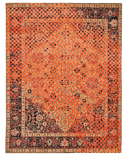 Serapi Queensbury Checker Raved Yellow Neonorange Silk Rug